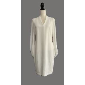NWT Vince Camuto Long Sleeve Crepe Ivory Dress Sheer Chiffon Balloon Sleeves-14